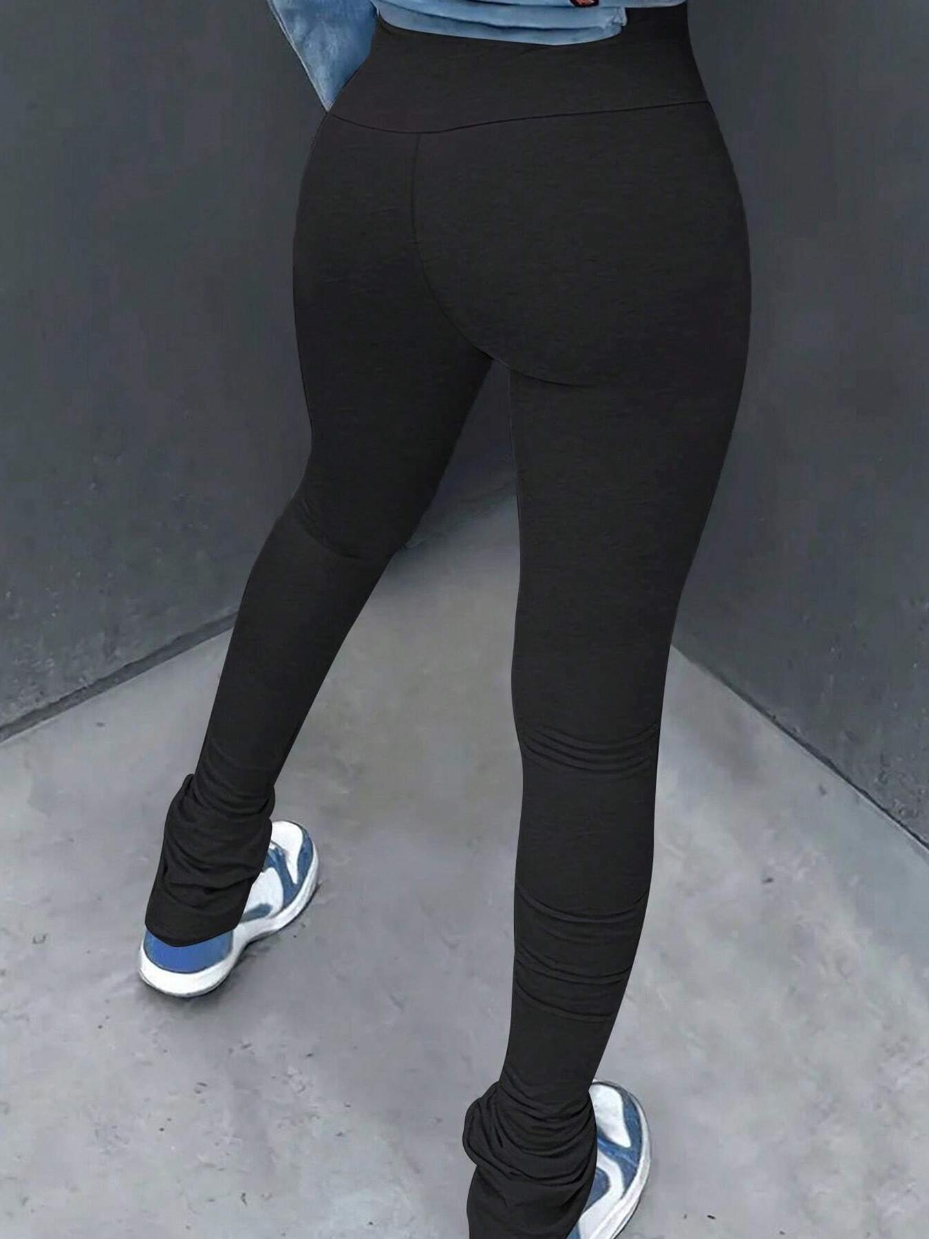 Women's Solid Ruched High Waist Skinny Pants, Casual Street Comfy Stack Trousers for Everyday Wear, Pants for Women, Ladies Bottoms for All Seasons