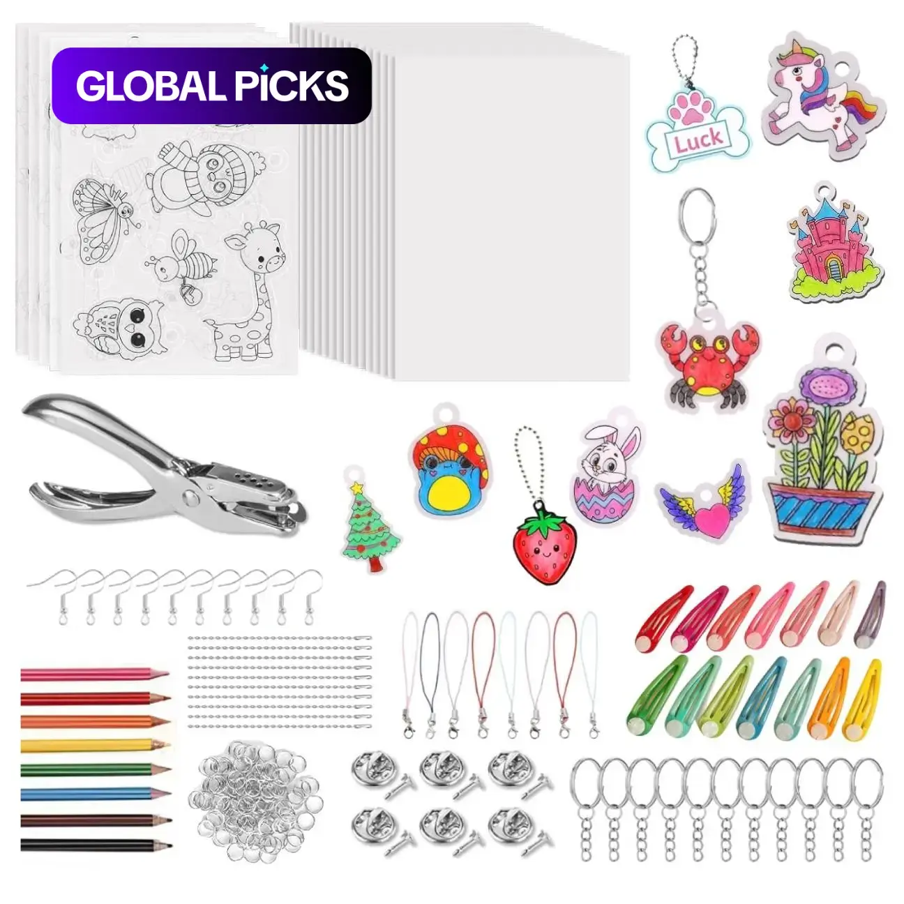 Shrinking Art Sheets Set, 148-Piece Shrinky Keychain Kit with 20 Shrinky Paper Sheets, Hole Punch & Colorful Pencils, DIY Ornaments & Bag Charms #GLOBAL PICKS