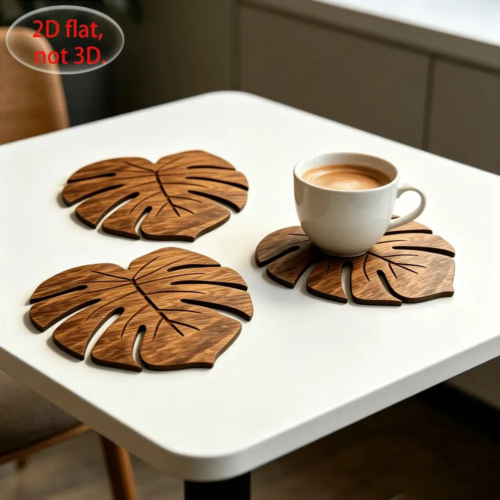6pcs Natural Wood Coaster Set Suitable for Christmas Gifts, Wood Heat-Resistant Table Protectors with Monstera - Non-Slip Drink & Plate Coasters, for Hot Beverages, Plates, Mugs - Tableware for, 2D Flat