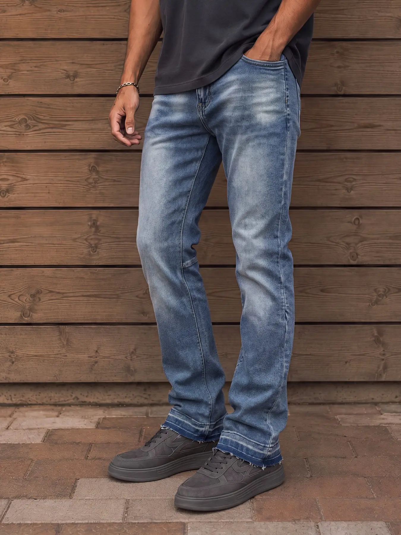 Men's Blue Washed Classic Denim Jeans, Slim Straight Leg Micro Flare Cut, Vintage Faded Look, Frayed Hem, Casual Long Pants, All Season Style