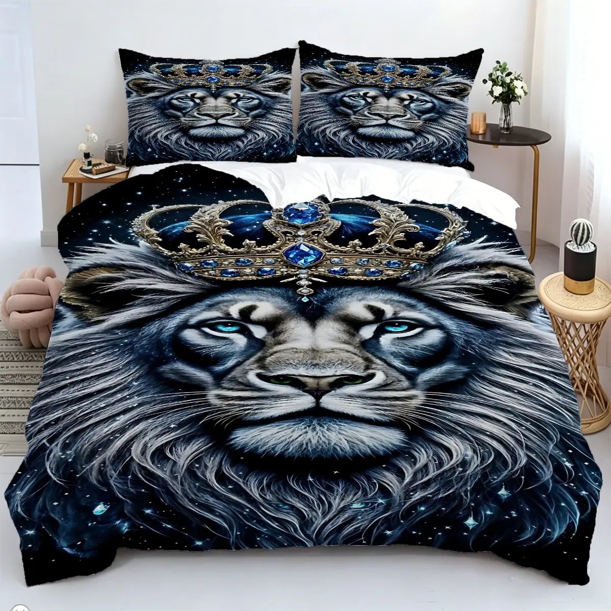 Lion Crown Pattern Duvet Cover Set, 2/3Pcs Print Bedding Set,  Ideal Bedroom Decor and Unique Gift For Lion Enthusiasts. 1 or 2 Pillowcase, No Filling