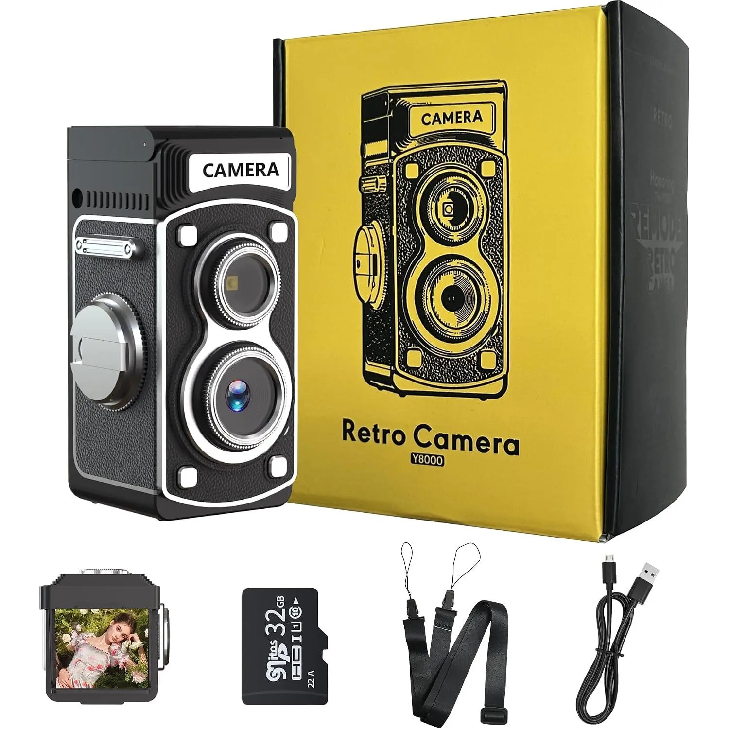 Mini  Digital Camera - 1080P FHD Retro TLR Style Point and Shoot Auto Focus, Compact & Portable Volgging Camera with 32GB Card, Ideal for Birthday Gifts, Beginners, Teens