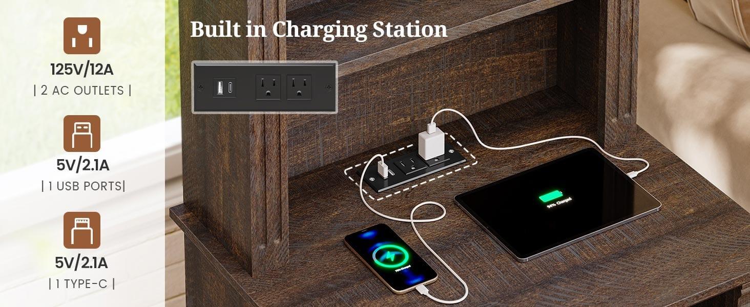61 Inches Tall Nightstand with Charging Station and LED Light Walnut