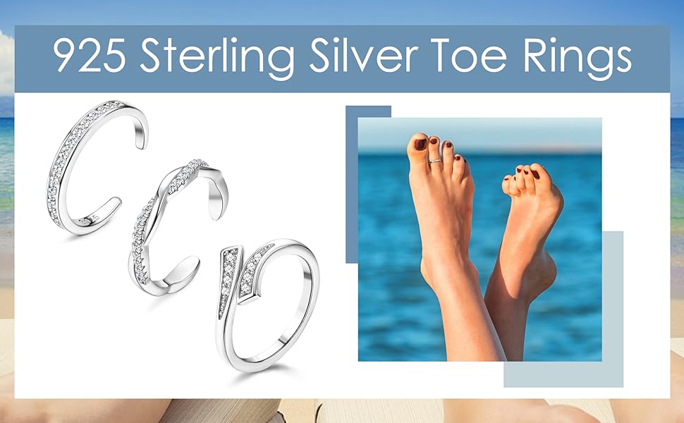 FIBO STEEL 3 PCS 925 Sterling Silver Toe Rings for Women Adjustable Toe Rings Open Cuff Toe Rings CZ Daisy Moonstone Ring Band Rings Beach Foot Jewelry