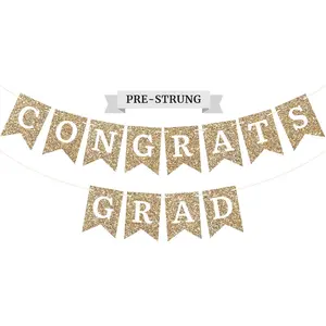 Pre-strung Congrats Grad Banner - Gold Glitter Graduation Party Banner - 6 ft Strand - Gold Grad Congrats Class of 2026 Party Decorations