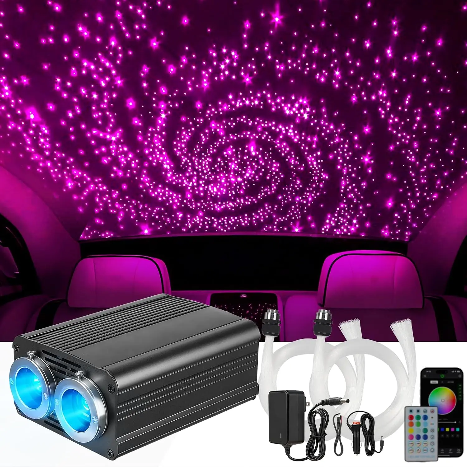 32W Car Headliner Fiber Optic Light Kit, 1000 Count 0.03in 9.8ft Twinkle Starlights, APP/Remote Control Adjustable Color Changing RGBW, Sync & Sound Activated for Car Ceiling, Space, Party, Bars, Light Up Your Space
