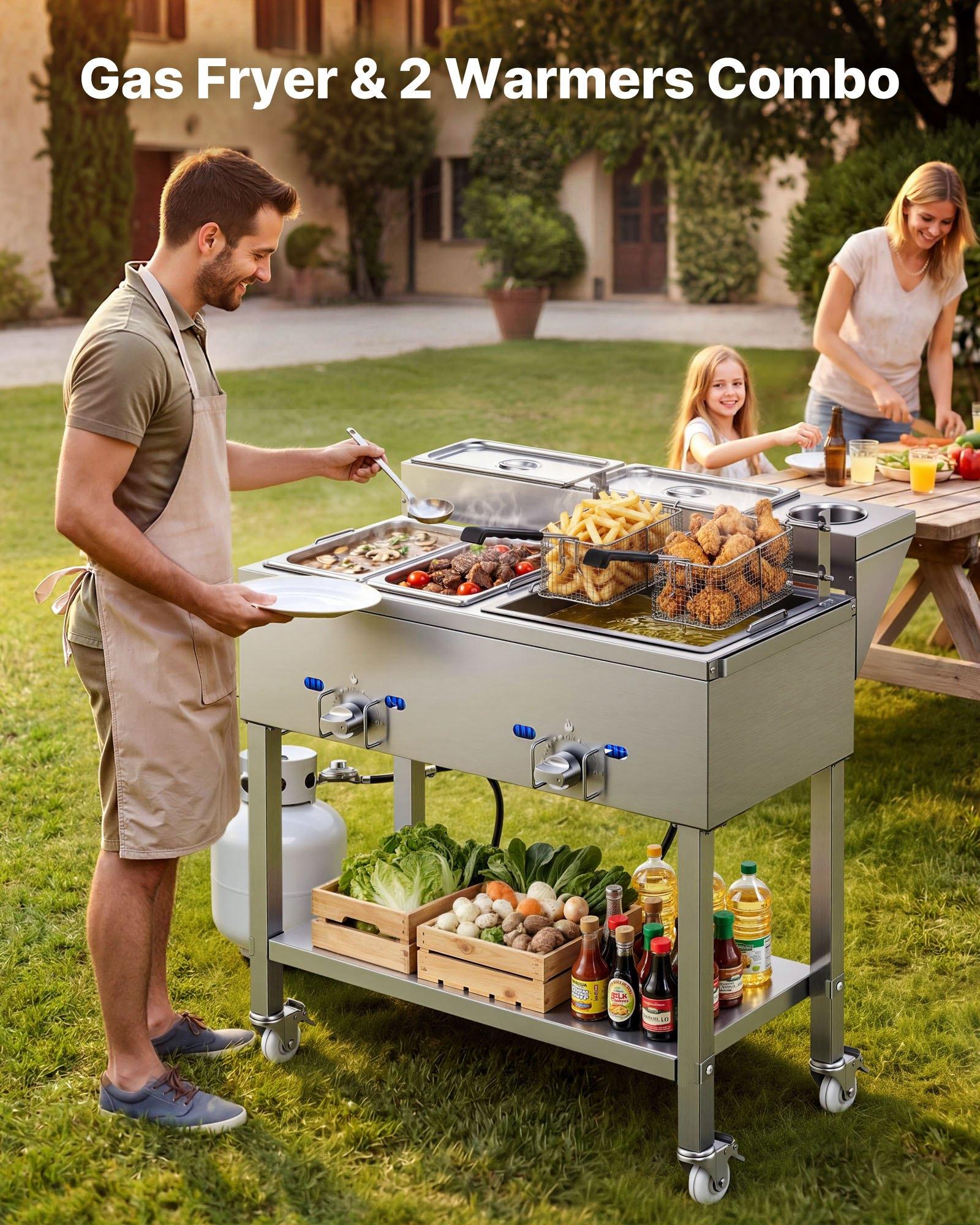 VEVOR Outdoor Propane Deep Fryer, 2 Burners (11,600 BTU Each), Commercial Fryer with Two 1/3 Size Food Warming Pans, Multi-Purpose Frying Cart with 4 Lockable Wheels, for Fried Chicken & Fries