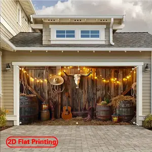 2D flat printing -1 piece of 2D large polyester garage door banner - Western cowboy (1) theme design party banner - large outdoor decoration, very suitable for party background and festival celebration garden decoration, 2D flat - tc