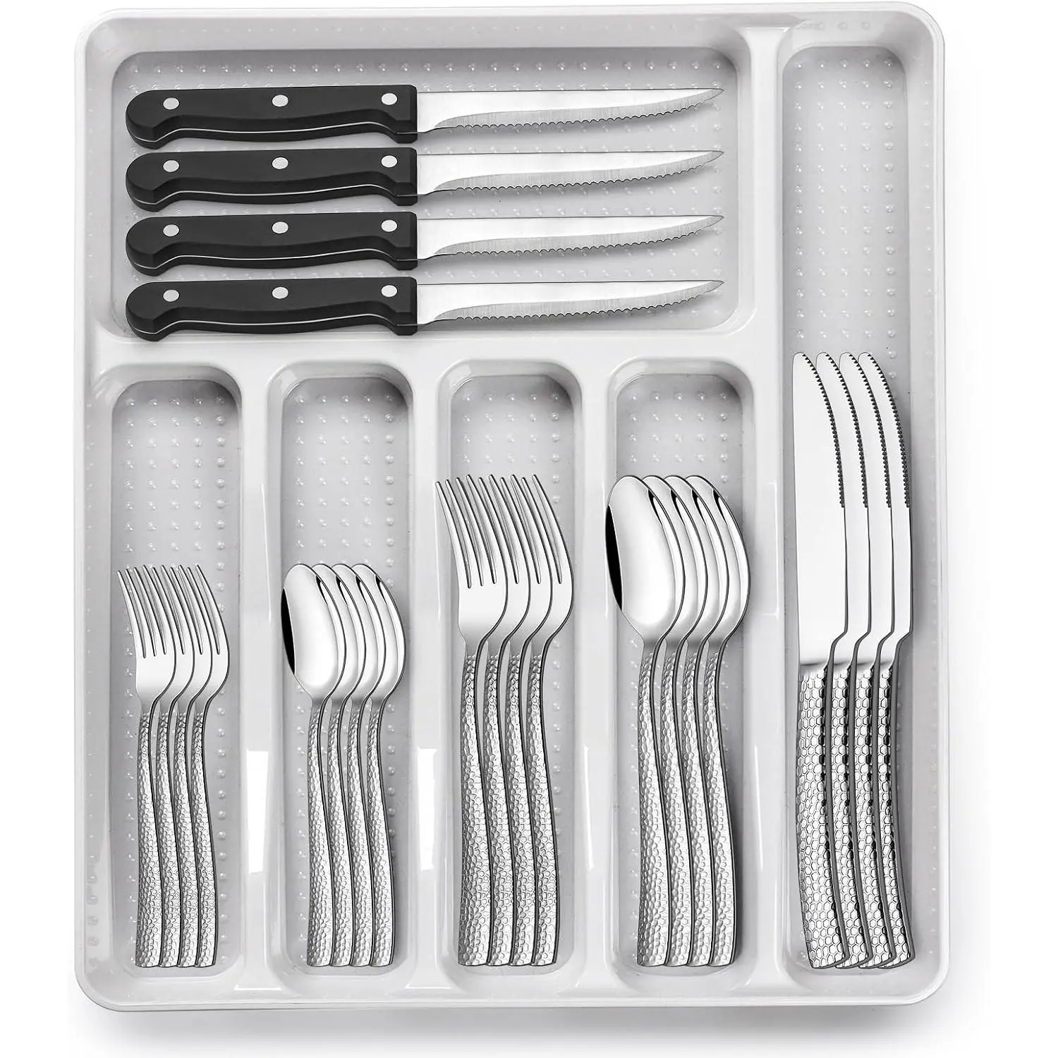 49-Piece Hammered Silverware Set with Organizer, Food-Grade Stainless Steel Flatware for 8, Cutlery Utensil Sets with Steak Knives, Rust-proof, Mirror Polished, Dishwasher Safe, Wave Hammered