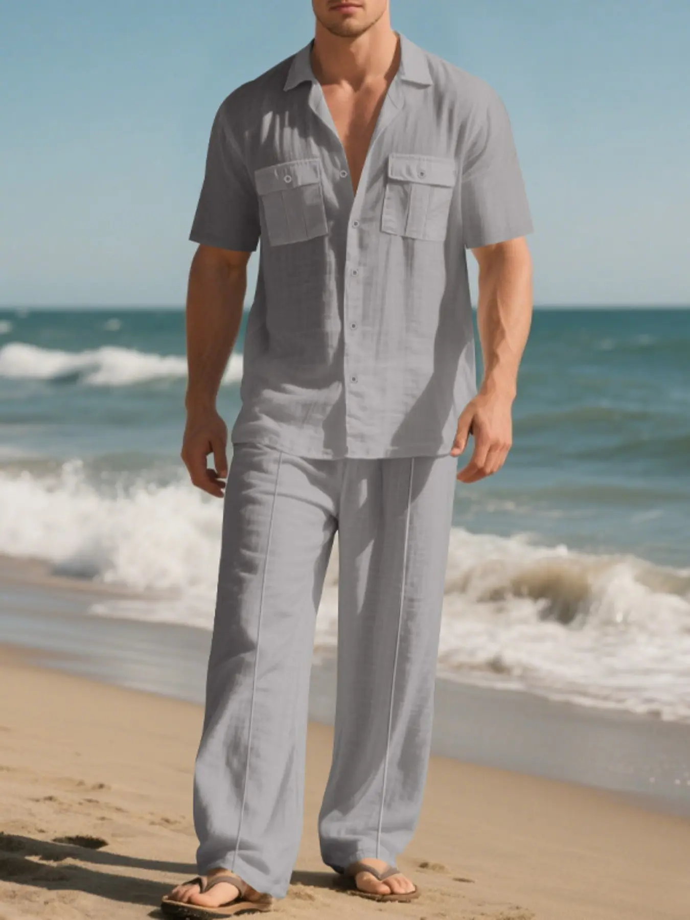 Men's linen Cuban collar short-sleeved pants set - double chest pockets - casual vacation style lightweight outfit - breathable, loose and smooth fit - versatile for daily commuting and outings