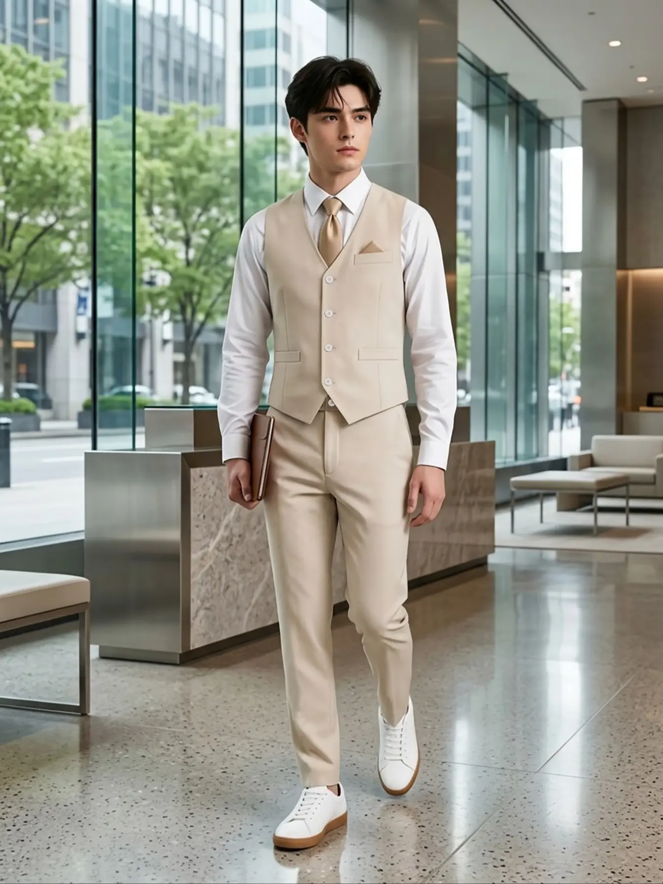 Teen Boys Beige 3 Piece Suit Set Slim Fit Breathable Vest Pants Tie Back to School Homecoming Dance Formal Outfit Summer Wedding