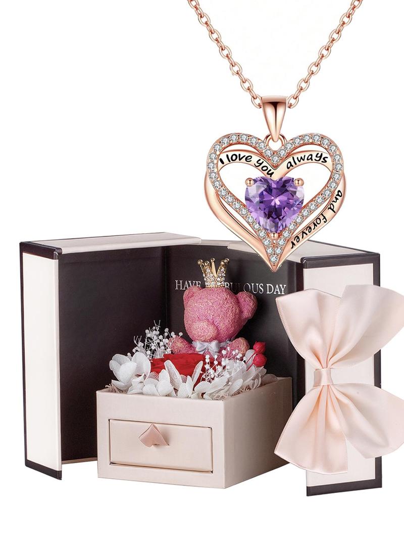 Summer 2024 Rhinestones Heart Shaped Pendant Necklace with Red Immortal Flower & Bear Gift Box, Fashion Teen Girl Accessories for Party, Daily Clothing Decor