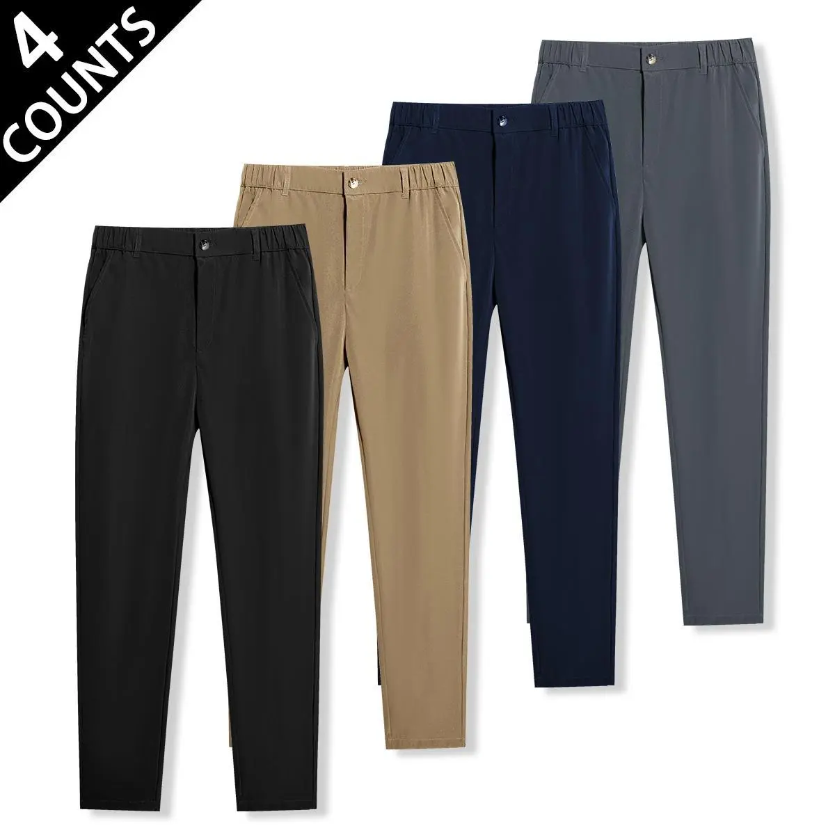 Men's Plain Quick-Dry Chino Pants - Elastic Waist, Lightweight Breathable, Slim-Fit Straight Leg Chic Casual Classic Menswear for Work, Daily Wear, Chic Men's Pants, Breathable Men's Pants