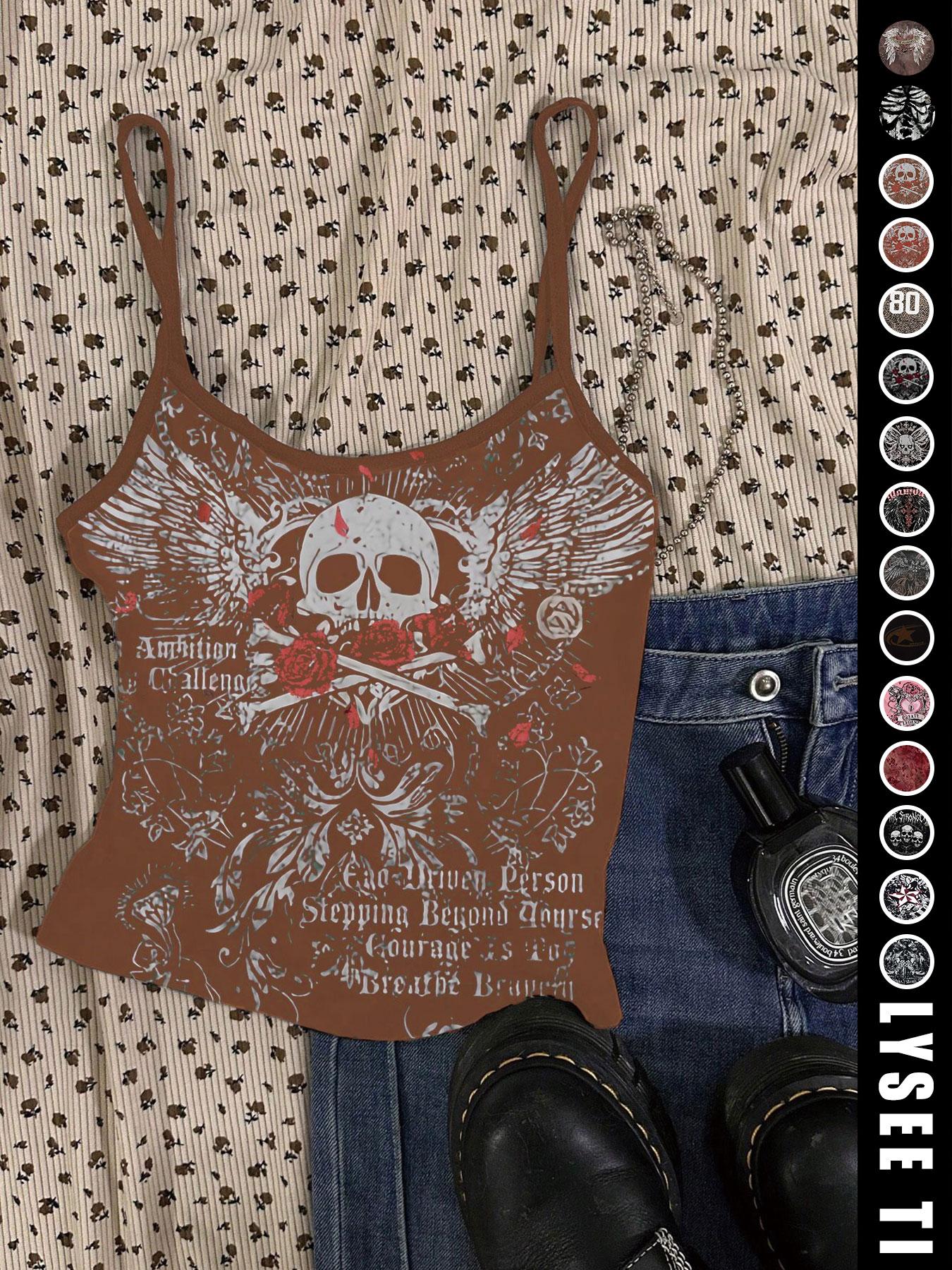 Vintage American Casual Slim-Fitting Skull Eagle Print Crop Top for Valentine's Day and Music Festival, Trendy Summer Vest for Women