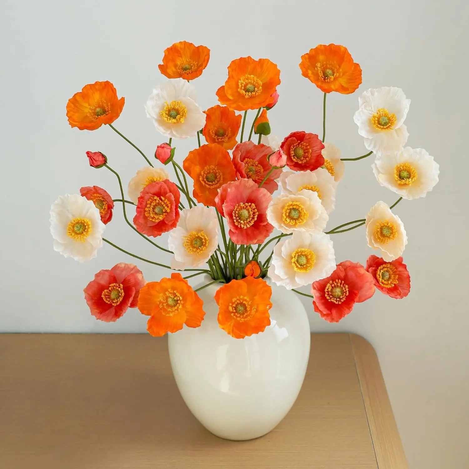 12PCS 36-Heads Silk Iceland Poppy Faux Flowers with Stems, Decorative Entryway Bouquet for Wedding Table Home Decor (Orange+Red+Champagne)