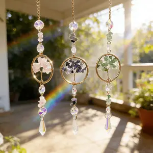 Purple | Pink | Green | Tree of Life Ring | Crystal Mirror - Crystal Suncatcher - Courtyard Outdoor/Indoor Home Decoration, Christmas | Thanksgiving | Mother's Day Gift, Quartz Stone, Seven Pulse Stone, Meditation Yoga.
