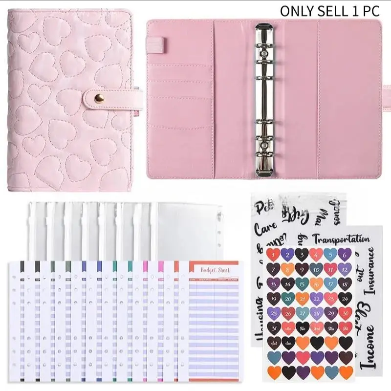 Aesthetic Macaron Heart A6 Loose Leaf Cash Budget Notebook Detachable Outer Cover Refillable Ring Binder Financial Planning Diary Personal Money Management Planner Monthly Budget Planner