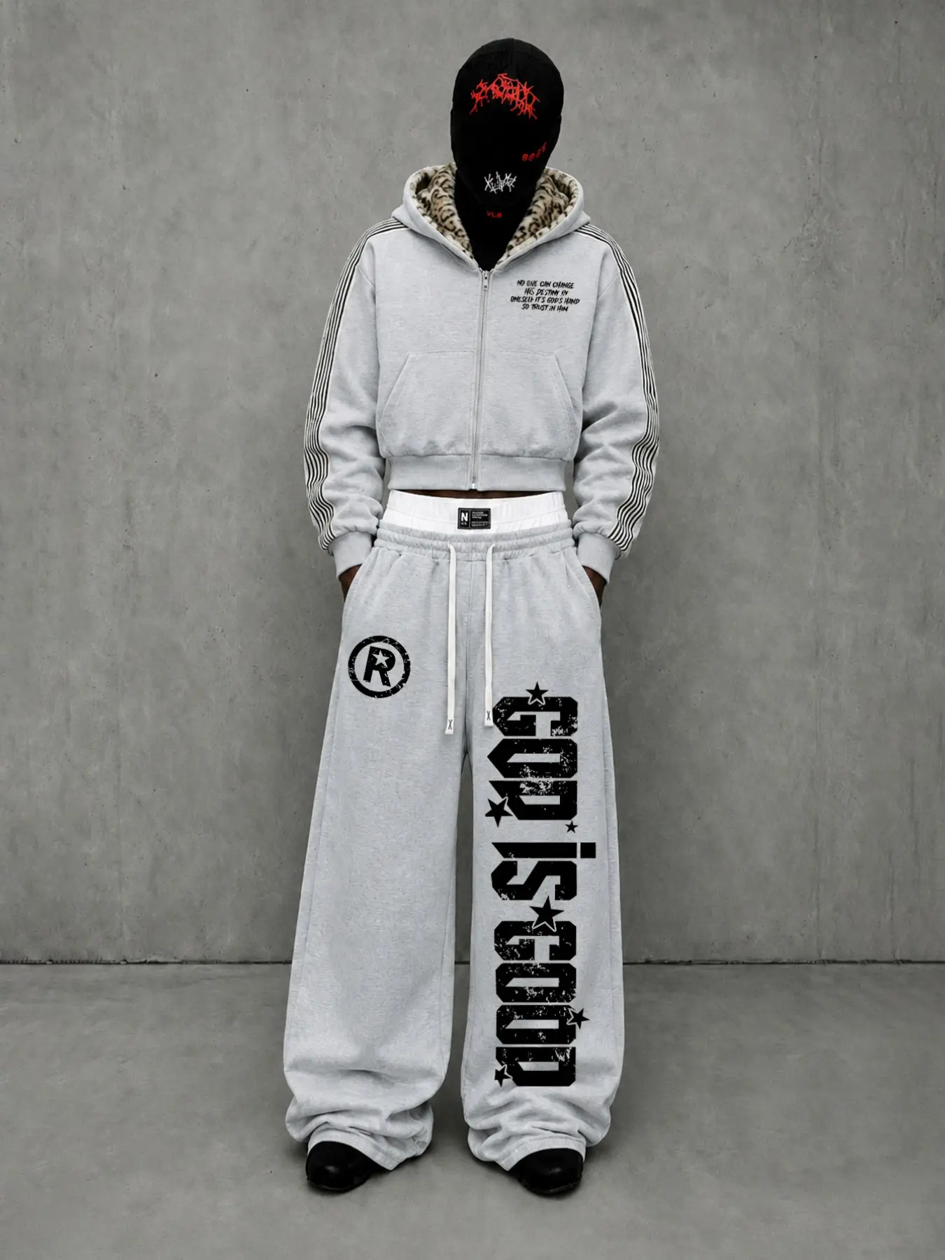 2Pcs Set Tracksuit Men Y2K Leopard Lined Cropped Zip Hoodie and Baggy Sweatpants Set for Unisex Streetwear