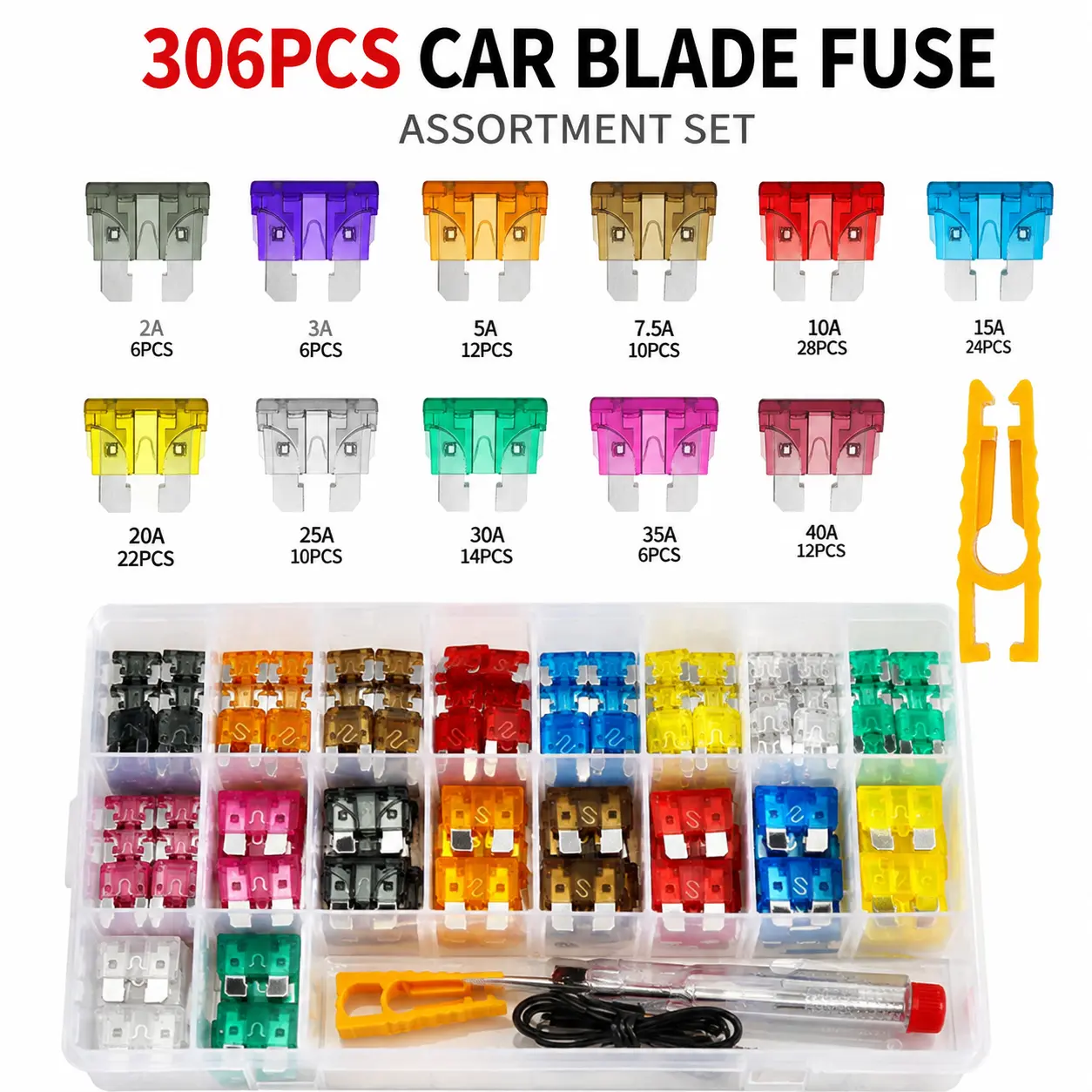 306PCS Car Blade Fuse Assortment Set with Colorful Plastic Pallets, Car Circuit Tester Accessory for Automotive, Motorcycle, Truck & Golf Cart Repairs-YY1