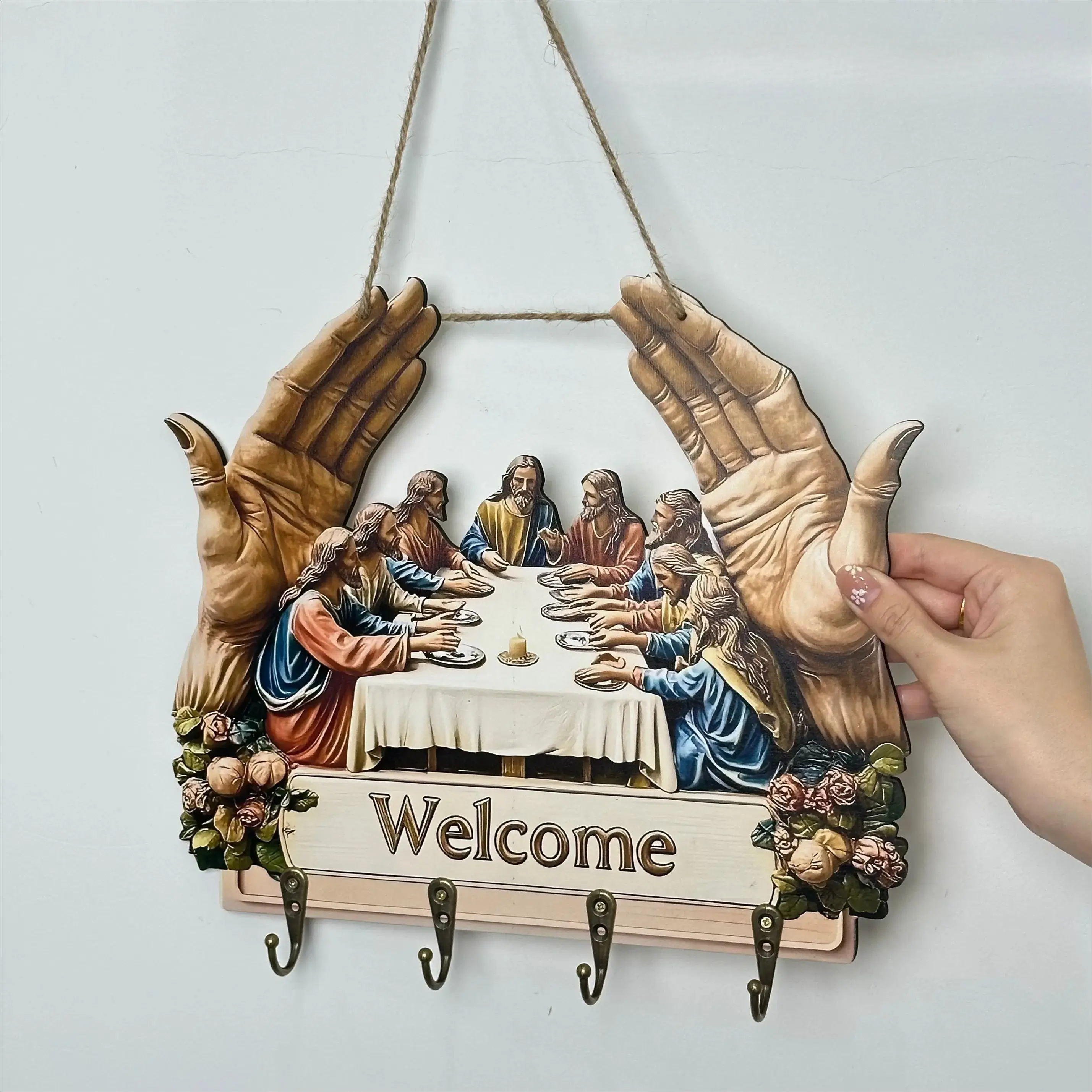 2026 Viral Flat Jesus & Disciples Wall Key Holder Sign, 10.4"x11.8" Artificial Wood Framed Religious Wall Art with 4 Metal Hooks, Rustic Farmhouse Porch Welcome Decor, Intricate Faith Craft Storage Organizer, Meaningful Father’s Day Christian Gift for Men