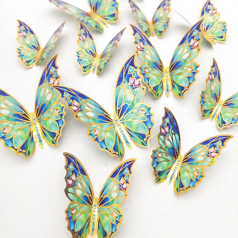 12-Count Golden Edged Removable Synthetic Modern Butterfly Wall Stickers, DIY Self-Adhesive Wall Deco Mural for Wedding Home Improvement Decor