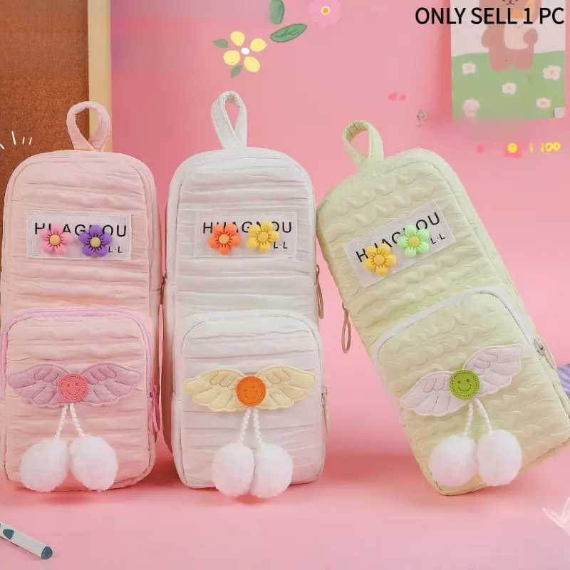 Kawaii Fluffy Wing Pencil Case - Large Capacity Aesthetic Stationery Pouch with Pom Poms, Cute Cloud Design for School, Girls & Journaling