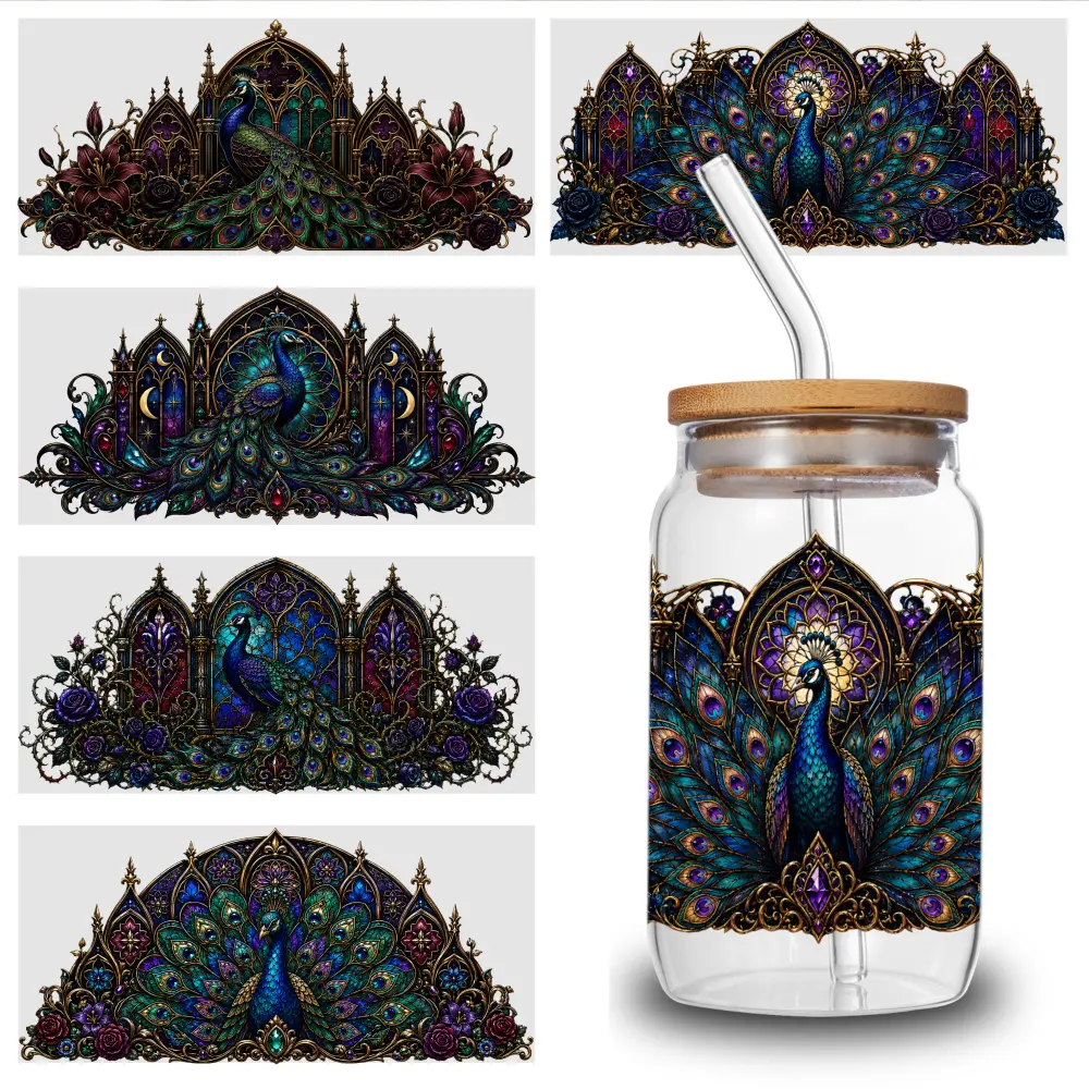 5 Sheets Peacock Gothic UV DTF Stickers UV DTF 16oz Libbey Cup Wraps - Waterproof, Scratch-Resistant DIY Decals with 3D Crystal Effect, Self-Adhesive Transfer Paper for Cup Decoration, Floral & Bird Design