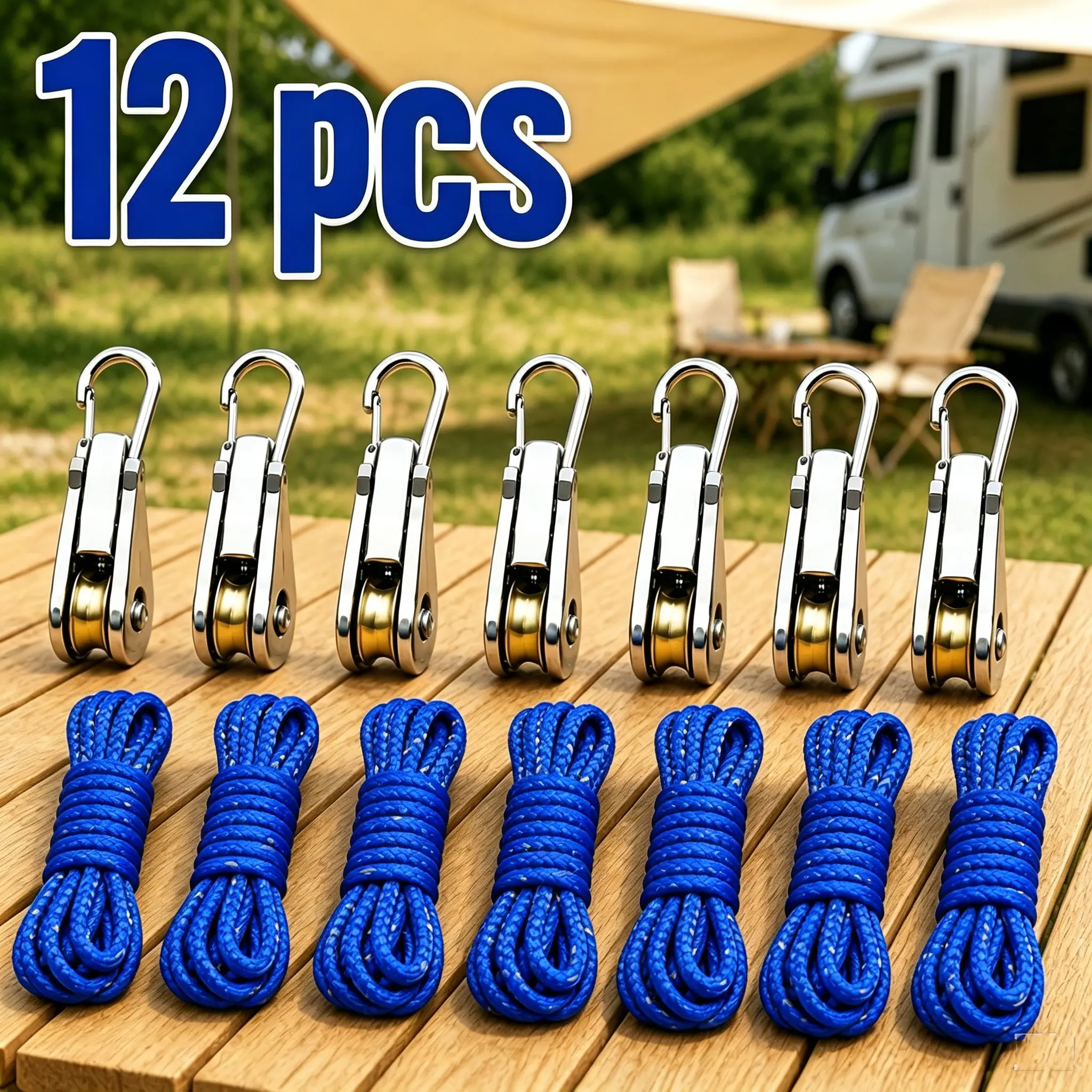 12-Piece Adjustable Rope Pulley Hanging Kit, Includes 6 Metal Hooks and 6 Nylon Ropes, Lifting System for Tents, Plants, Storage Baskets