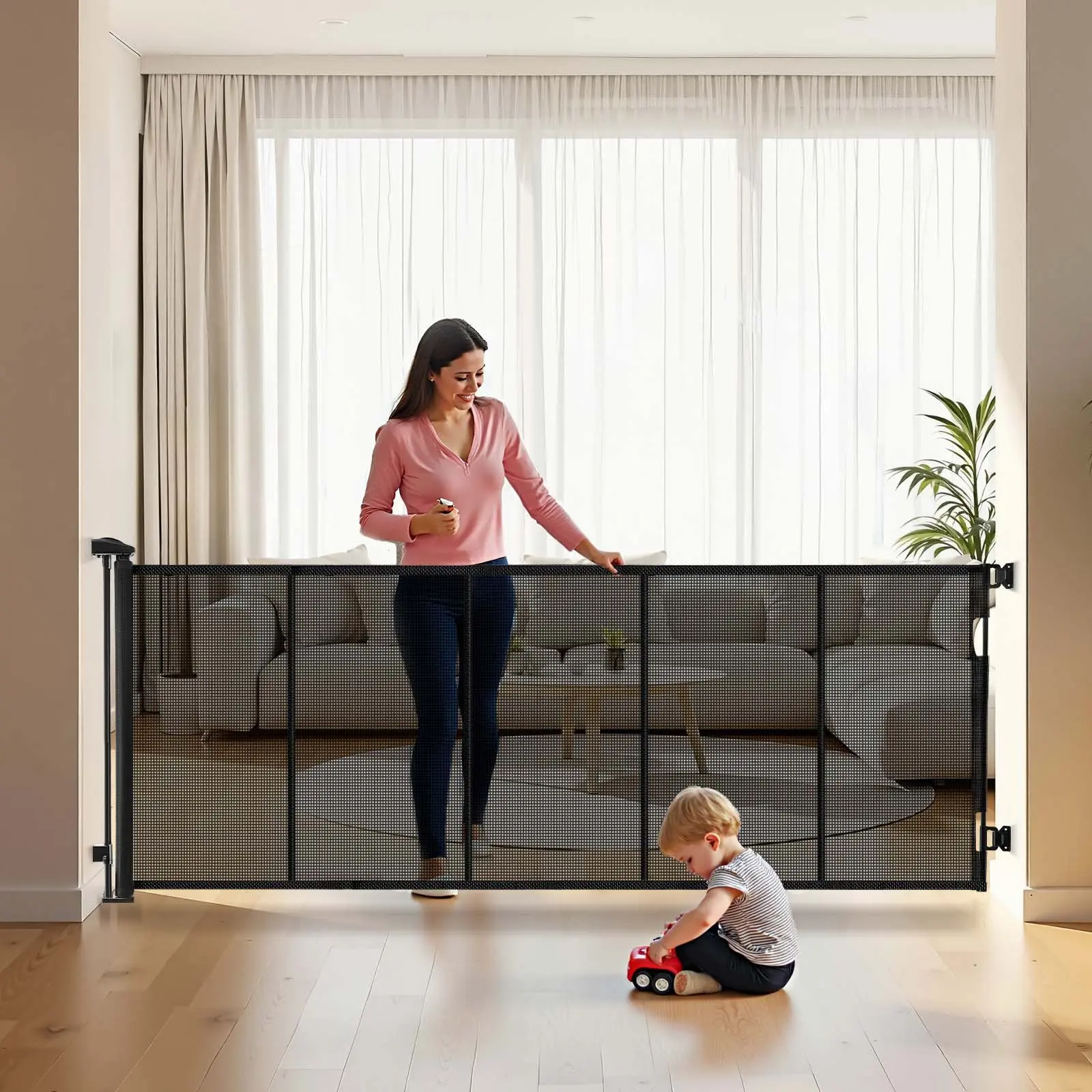 VEVOR Retractable Baby Gate, Extends to 122 inch Extra Wide, 31.3 inch Tall, with Reinforced Fiberglass Strips, Avoids Crawling Through, Mesh Dog Gate for Decks, Doorways, Garages, Indoor, Black