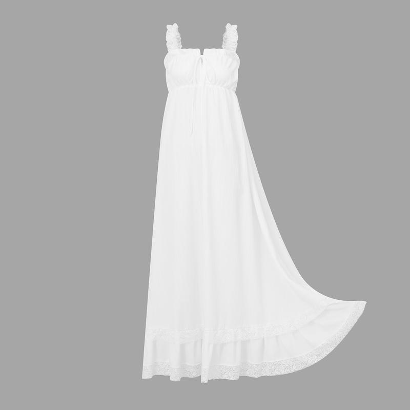Women's Elegant White Tiered Cami Long Dress Lace Trim Ruffle Flowy Maxi Sundress Sleeveless A-Line High Waist Summer Dress