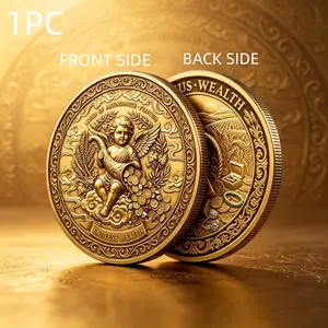 1PC Prosperity Theme Collector Coin Wealth Symbol Commemorative Coin Angel And Treasure Design Abundance Cornucopia Display Coin With 3D Relief Effect Gift For Collection Home Office Decoration Commemorative And Decorative Collectibles