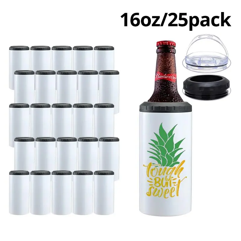 25-Pack 16oz 4-in-1 Skinny Can Cooler, Sublimation White Can Holder Double-Wall Insulated ,304 Stainless Steel Water Bottles - Travel Drinkware for Friend Parties, DIY Festive Gifts