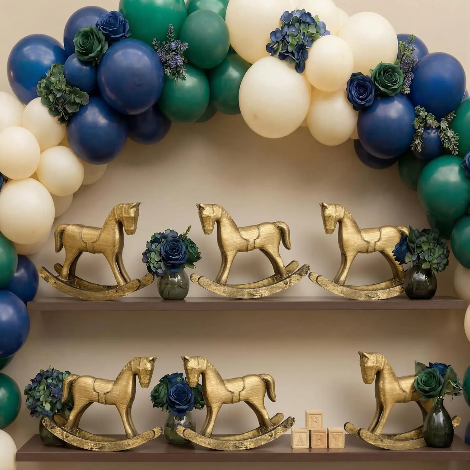 6 Pack Baby Shower Wooden Vintage Rocking Horse Table Decoration for Blue Green Tartan Plaids Party Centerpiece Rocking Horse Decor for Baby Shower Party Wedding Birthday Decor (Brown)