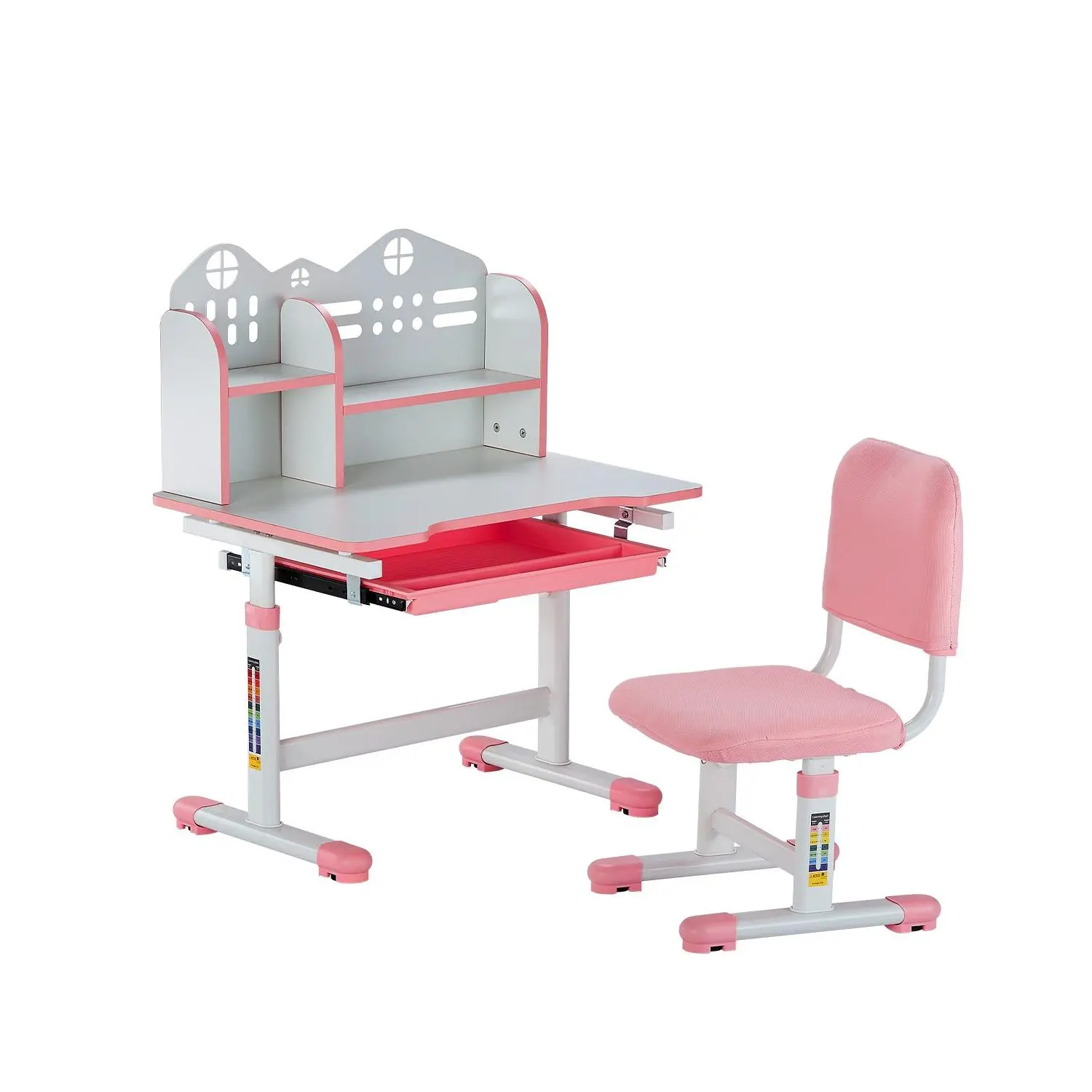 VEVOR Kids Study Chair and Desk Set, Study Desk and Chair for Kids with Bookshelf and Storage Drawer, Adjustable Height Kids Study Desk with Chair, Children Study Table for Bedroom Study Room, Pink