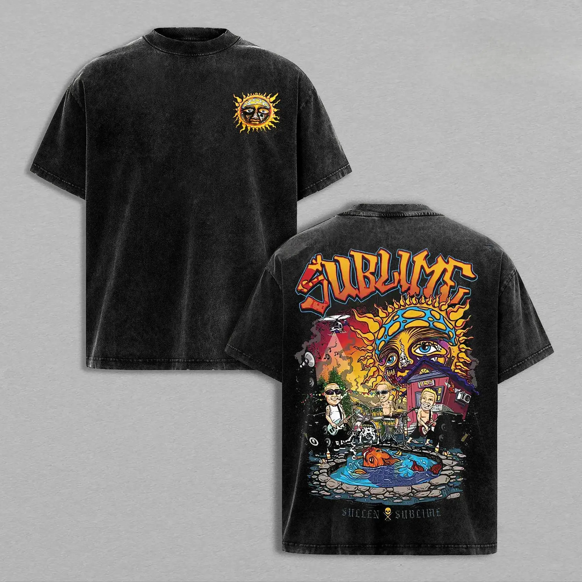 Unisex Vintage Sublime Rock Band Round Neck Short-Sleeve Washed T-Shirt - Menswear Loose Casual Top with Retro Music Print for Rock Fans