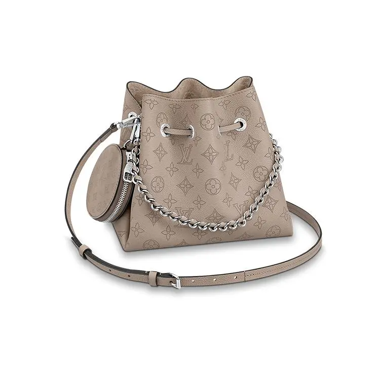 Louis Vuitton Bella Drawstring Bucket Bag for Women, Perforated Calfskin, Adjustable Detachable Strap, Slate Gray