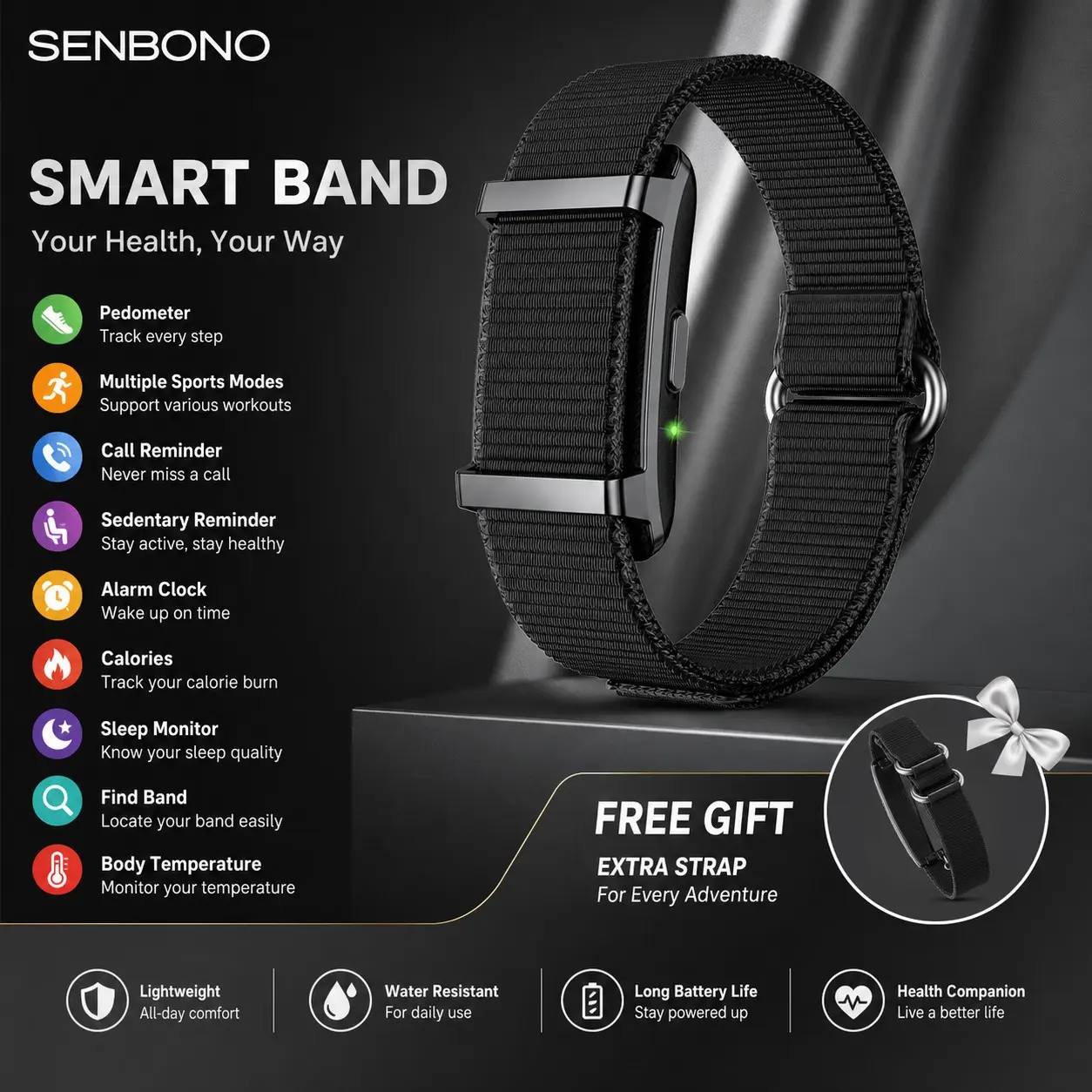 SENBONO Smart Band, Business Sport Dual-Use, Screen-Free Design, Long Battery Life, Precise Step Calorie Distance, Multiple Sports Modes