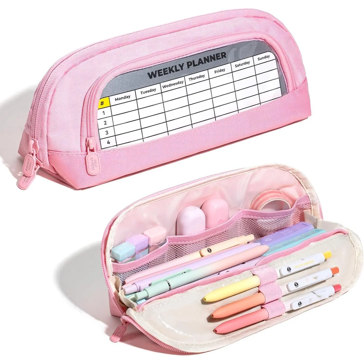 Triangular Pencil Case  |  Stay-Open Design, Stain-Resistant PP Inner Lining  Oxford Cloth, Transparent Pocket with Weekly Planner