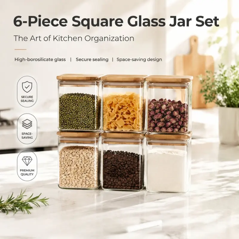 6-piece square glass jar set with bamboo lids and labels. Made of high-borosilicate glass, airtight for fresh-keeping and space-saving. Perfect for Kitchen Food Storage of spices, grains, flour and other dry goods in the kitchen.