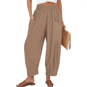 Women Linen Boho Pants Summer Casual Loose High Waist Cargo Lounge Harem Pant 2025 Beach Travel Vacation Outfits