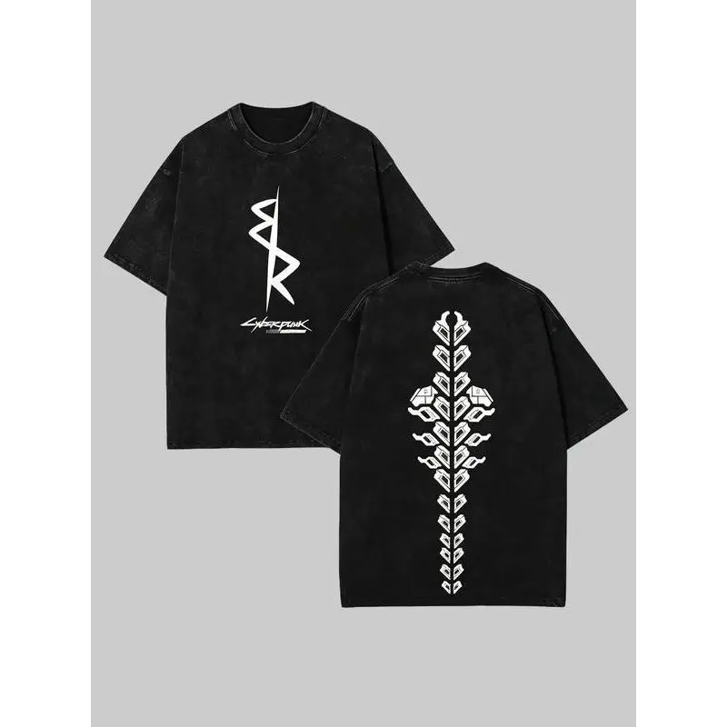 Cyberpunk 2077 Vintage Washed Graphic T Shirt Oversized Heavyweight Cotton Streetwear Tee Y2K Techwear Retro Anime Graphic Summer Unisex Loose Fit
