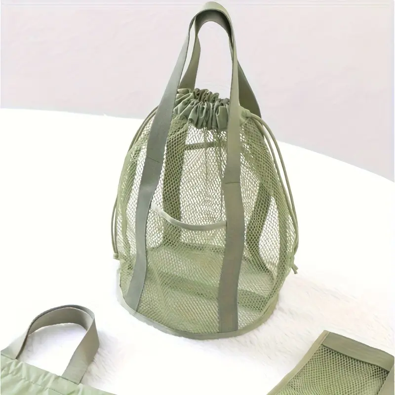 Large Capacity Mesh Bag, Durable Nylon Drawstring Travel Pouch, Handle and Multiple Pockets, Ideal for Swimming, Camping, Outdoor Use, Lightweight Beach Bag, 4 Colors Available