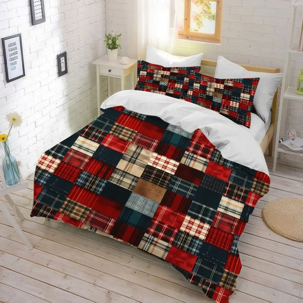 3Pcs Plaid Patchwork - Elegant Geometric Pattern Bedding, Decorative Duvet Cover, Soft Microfiber Bed with 2 Pillowcases (Unfilled) for Home Bedroom Decor, Housewarming Gift, Trendy Theme