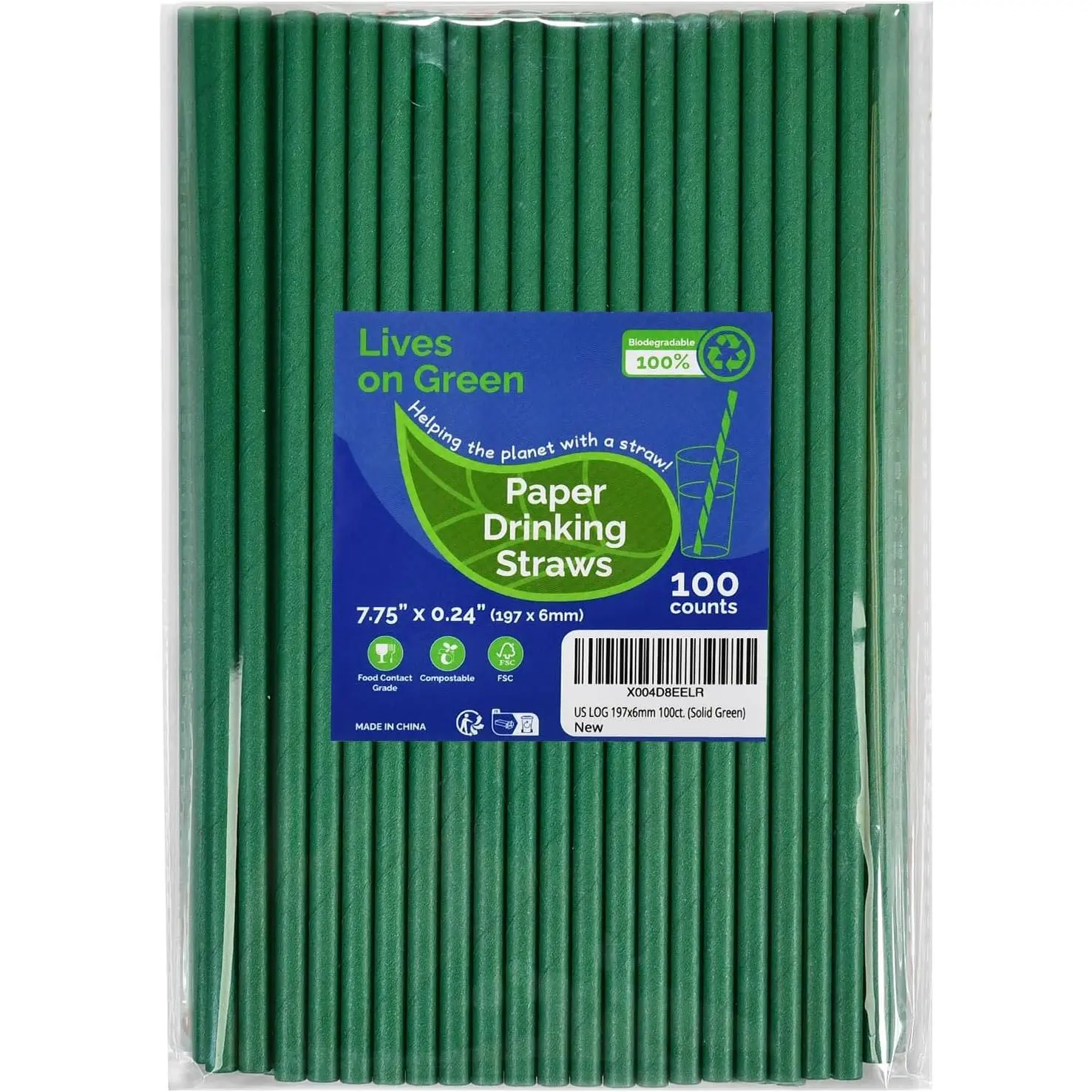 Disposable Paper Straws Solid Green - 7.75'' x 0.24'', 100 Counts - for Drinking, Beverage, Juice, Soda, Bar Supplies