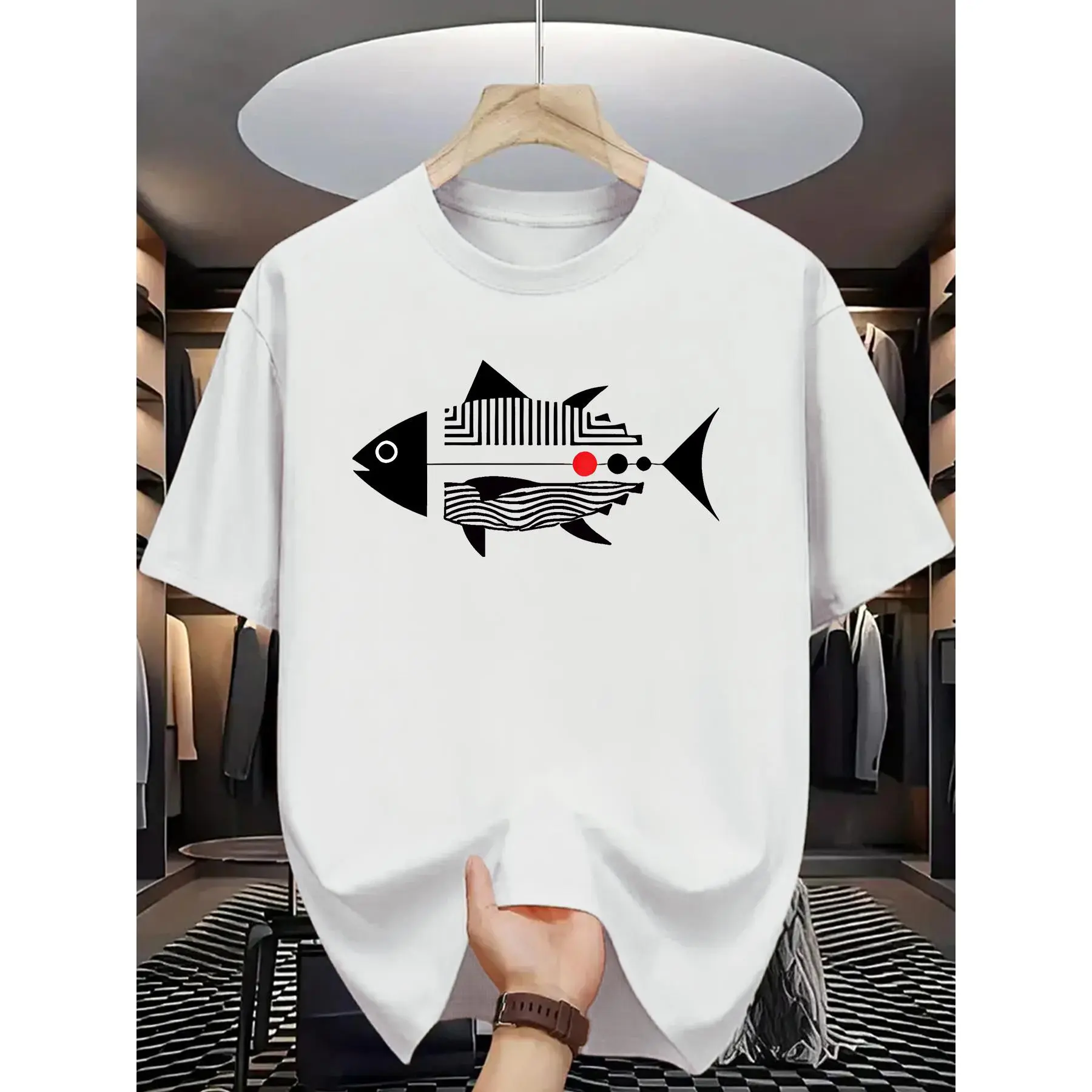 [Fish Print T-Shirt] Men'S Casual Summer T-Shirt with Fish Print Design - Round Neck, Short Sleeve, Lightweight & Breathable, Casual Adult Clothing |   Modern Graphic Tee |   Comfortable Fit
