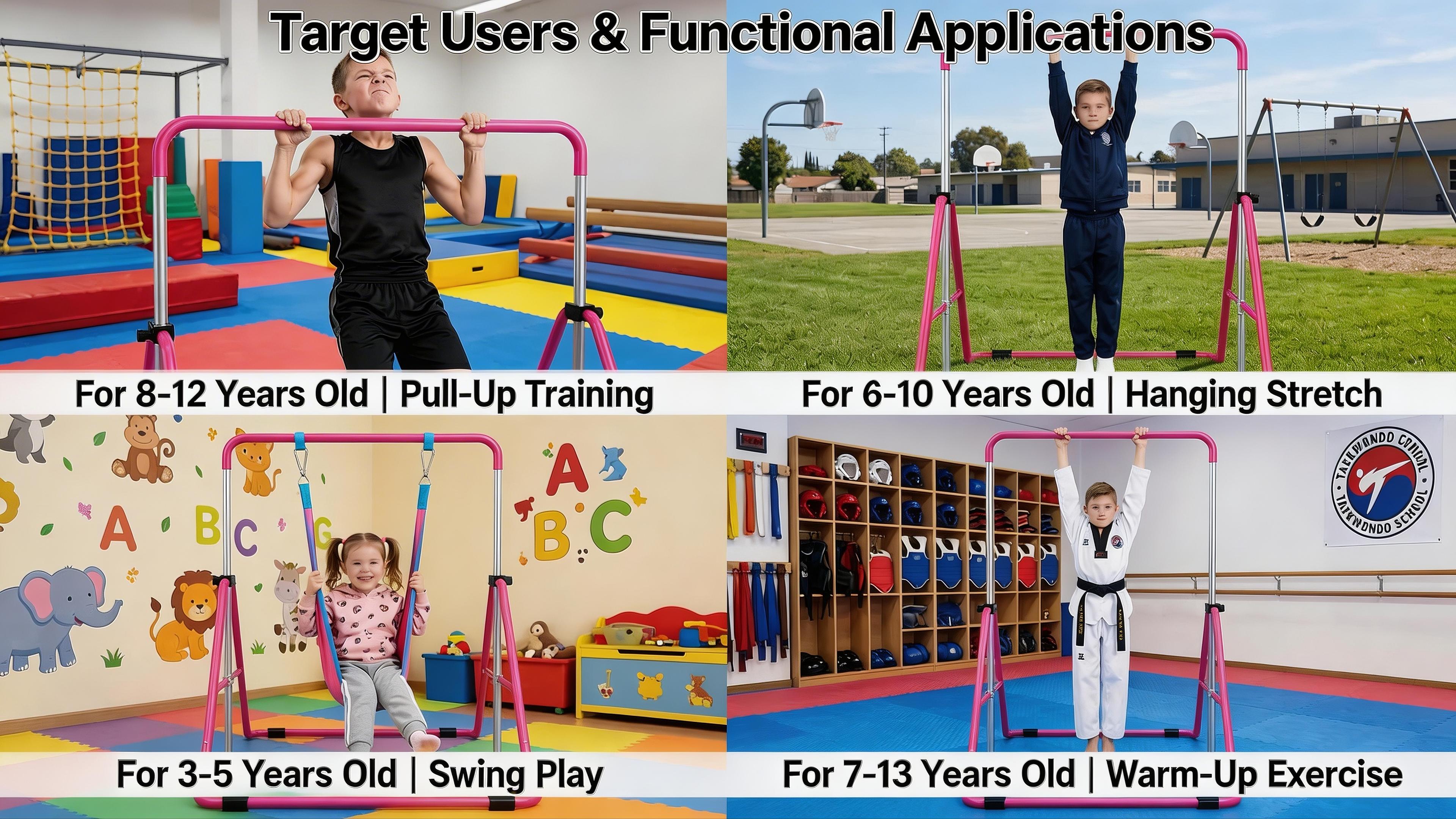 Aobtkel Gymnastics Bar for Kids withRings, Adjustable Height Folding Horizontal Bars,Junior GymnAdjustable Kids Gymnastics Bar - Foldable Horizontal Bar for Home, Safe Sturdy Training Equipment for Children, Perfect for Pull-Ups, Stretching, and Physical