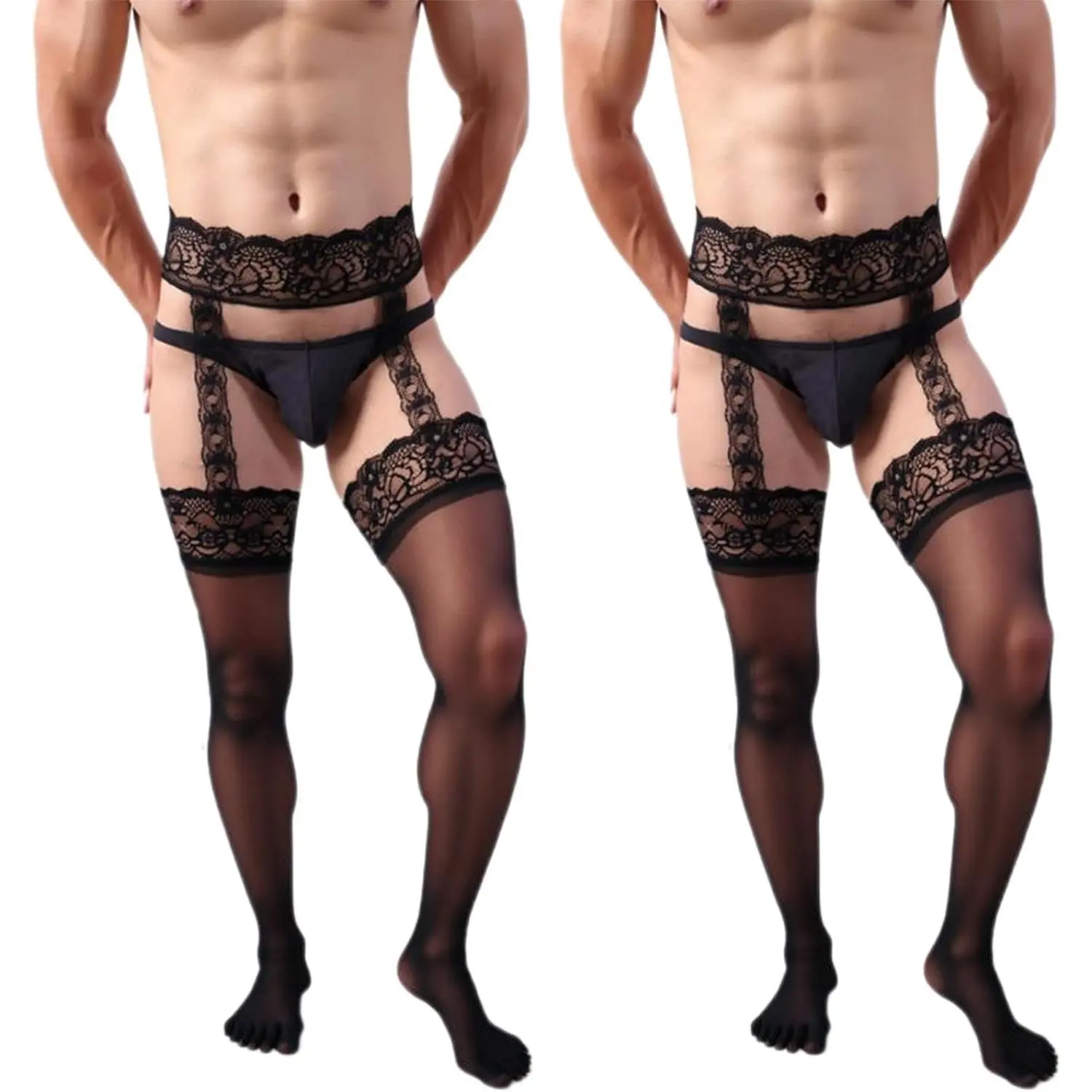 2pcs Men's Fishnet Thigh High Stockings Lace Tights with Suspender Pantyhose for Man