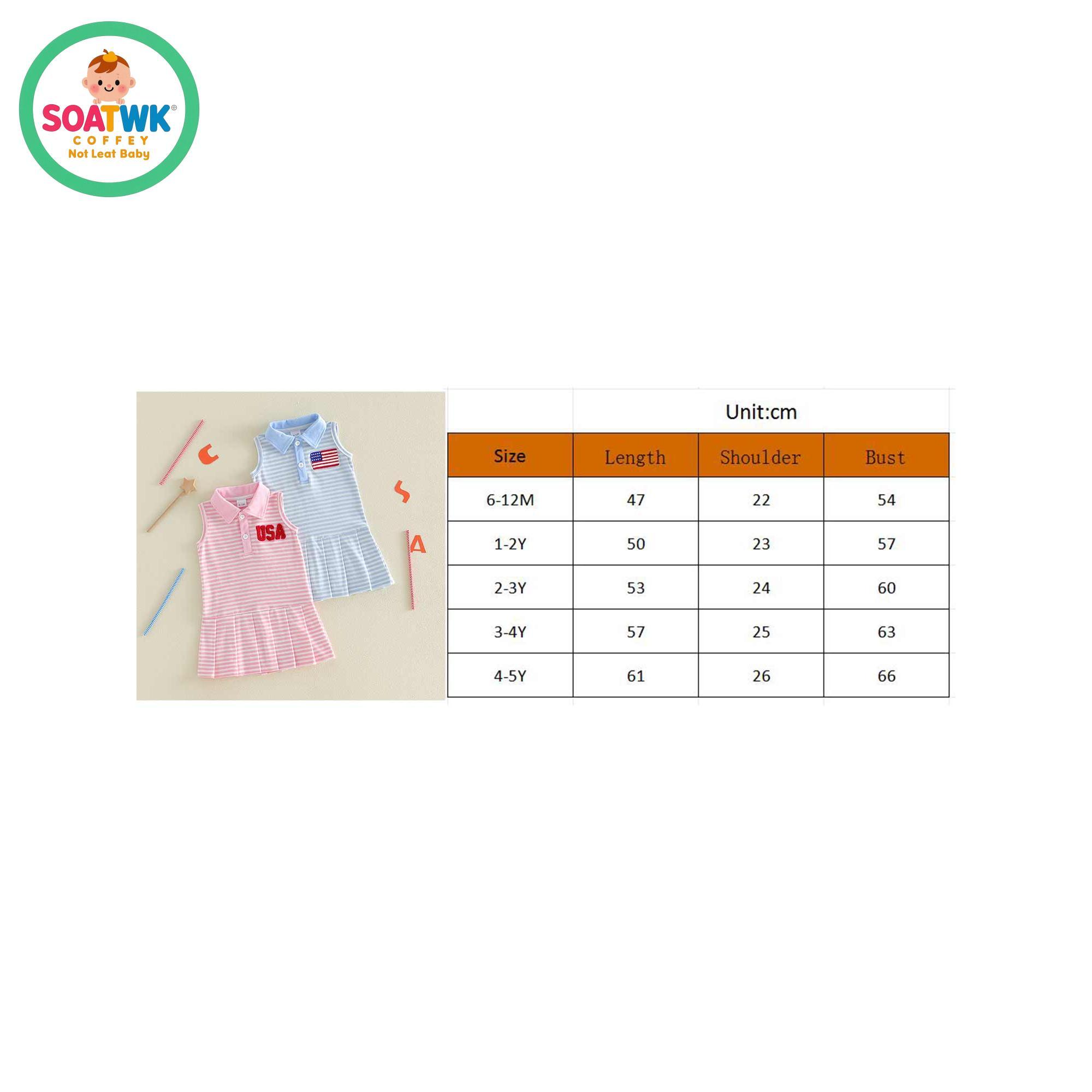 Toddler Baby Girls Patriotic Dress Fashionable 4th of July Letters Embroidery Sleeveless Collared Striped Dress