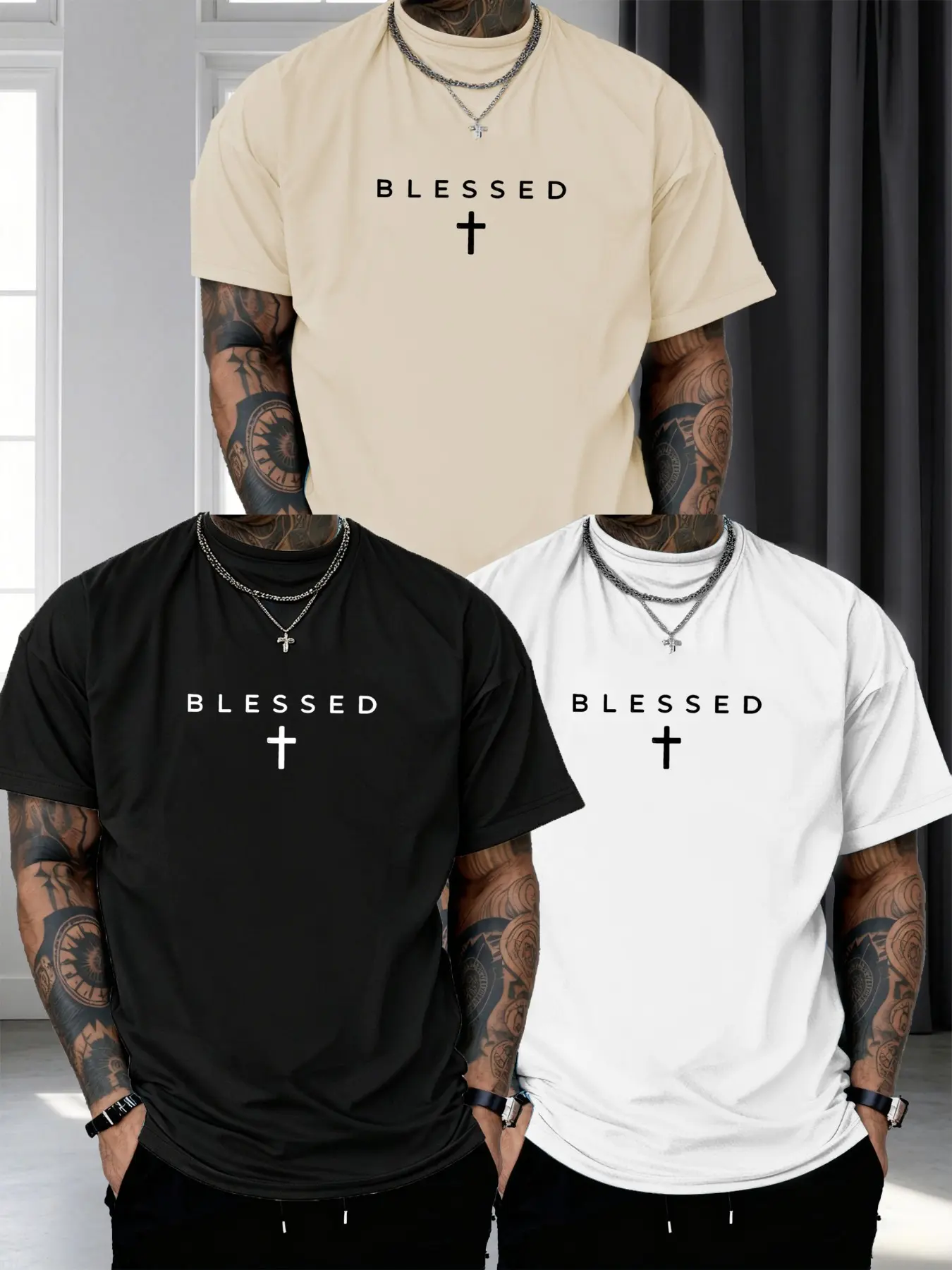 Men's Bestselling Three-Piece Set Casual Christian Theme Print T-Shirt, Blessed Cross Print Round Neck Short Sleeve Top, Faith Style Daily Streetwear