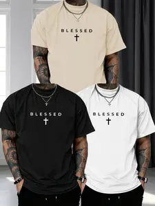 Men's Bestselling Three-Piece Set Casual Christian Theme Print T-Shirt, Blessed Cross Print Round Neck Short Sleeve Top, Faith Style Daily Streetwear